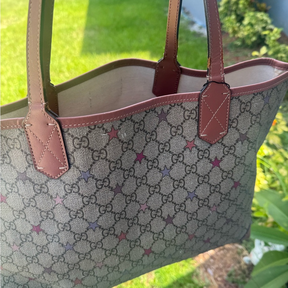 Gucci Women's Tote Bag GG Star Pattern Detachable Pouch Beige Brown Pink Purple - Picture 5 of 10